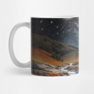 Landscape: river rushing water rocks flowers forest,moon,night Mug